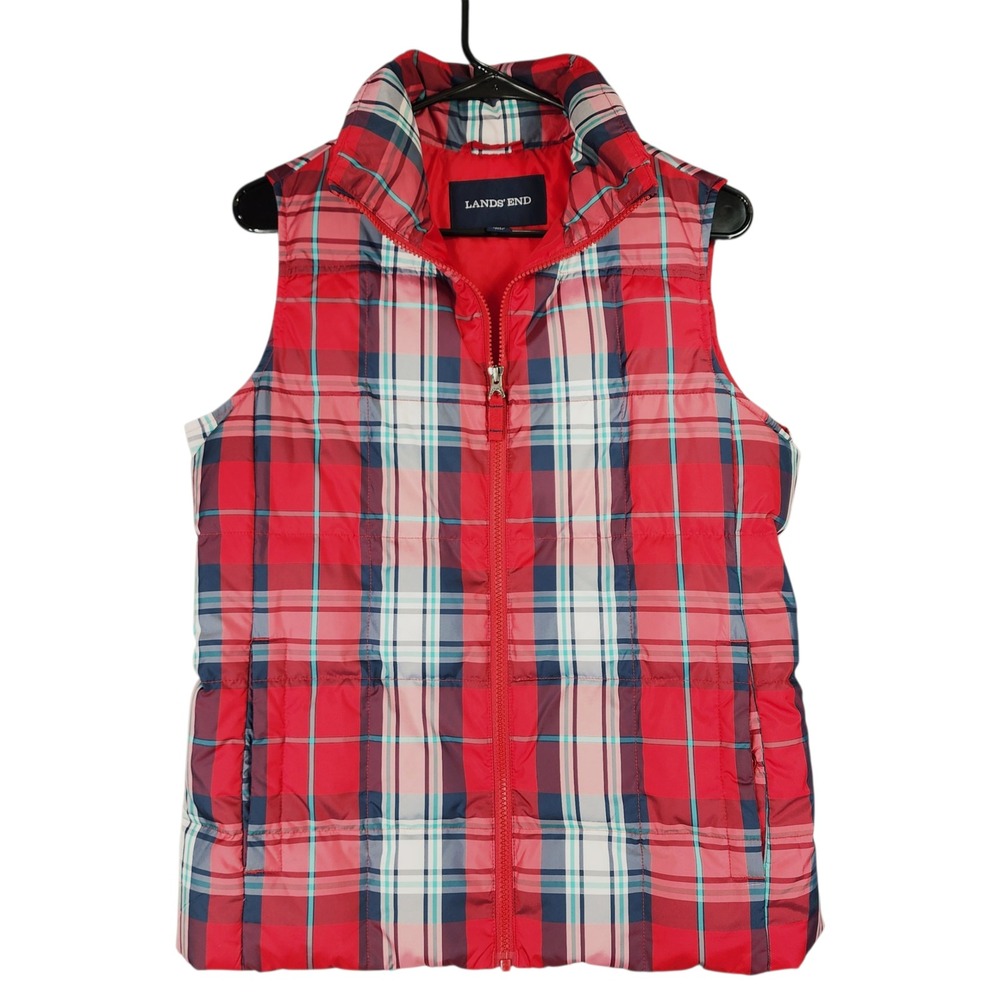 Lands End Plaid Down Puffer Vest sz S Women Red Blue Sleeveless Full Zip Preppy